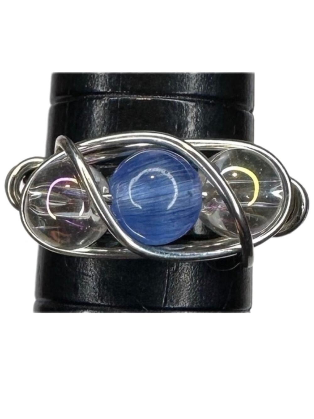 Blue ring clear iridescent glass beads silver color wire wrap handmade
